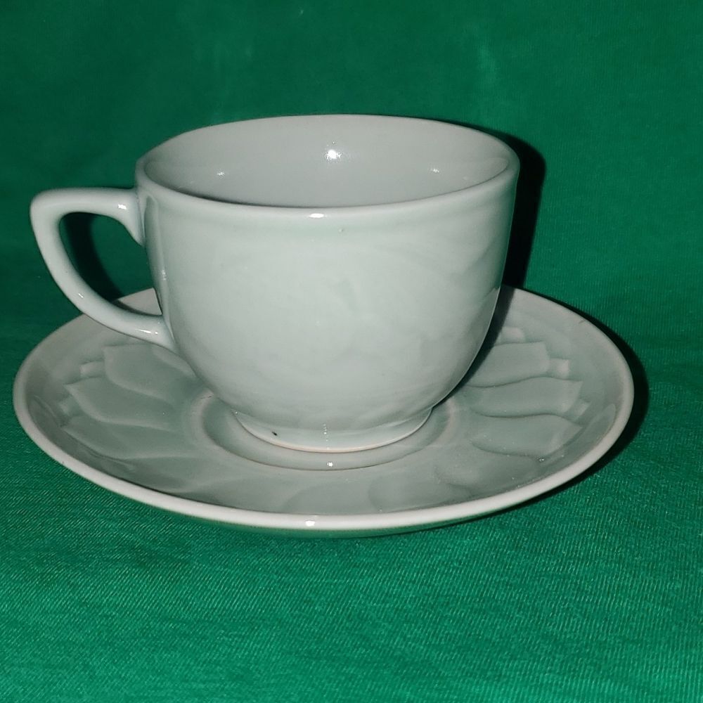 Vintage Longquan Celadon Koi Carp Fish Tea Cup Saucer 6 0z.